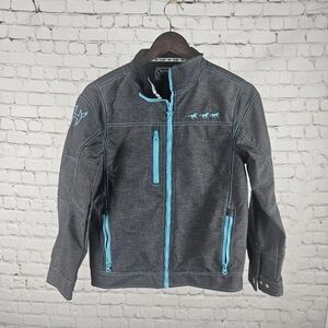Charcoal Jacket with Aqua Zippers and Stitching